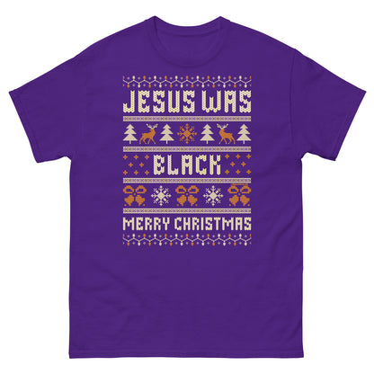 Purple Jesus Was Black Merry Christmas Unisex T-Shirt by TheBlackest Co., with humorous Christmas design and bold cultural message.