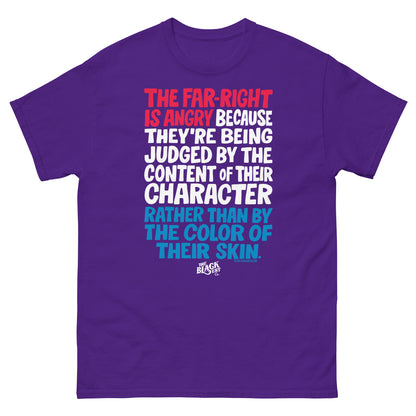 Purple Why The Far Right Is Angry RWB T-Shirt by TheBlackest Co. with bold multicolor quote. Unisex fit, 100% cotton protest tee.