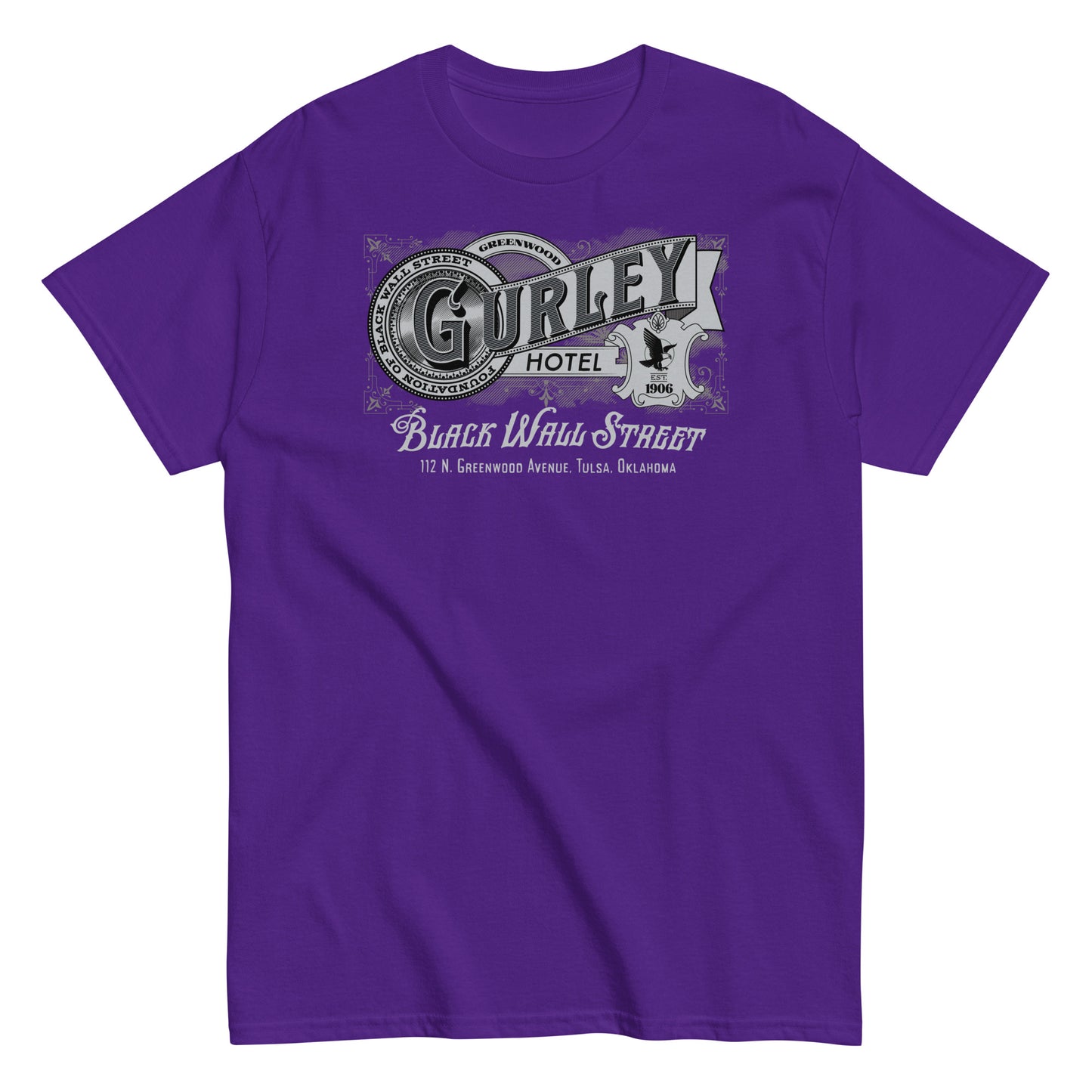 Vintage Gurley Hotel unisex T-shirt with Black Wall Street design in purple