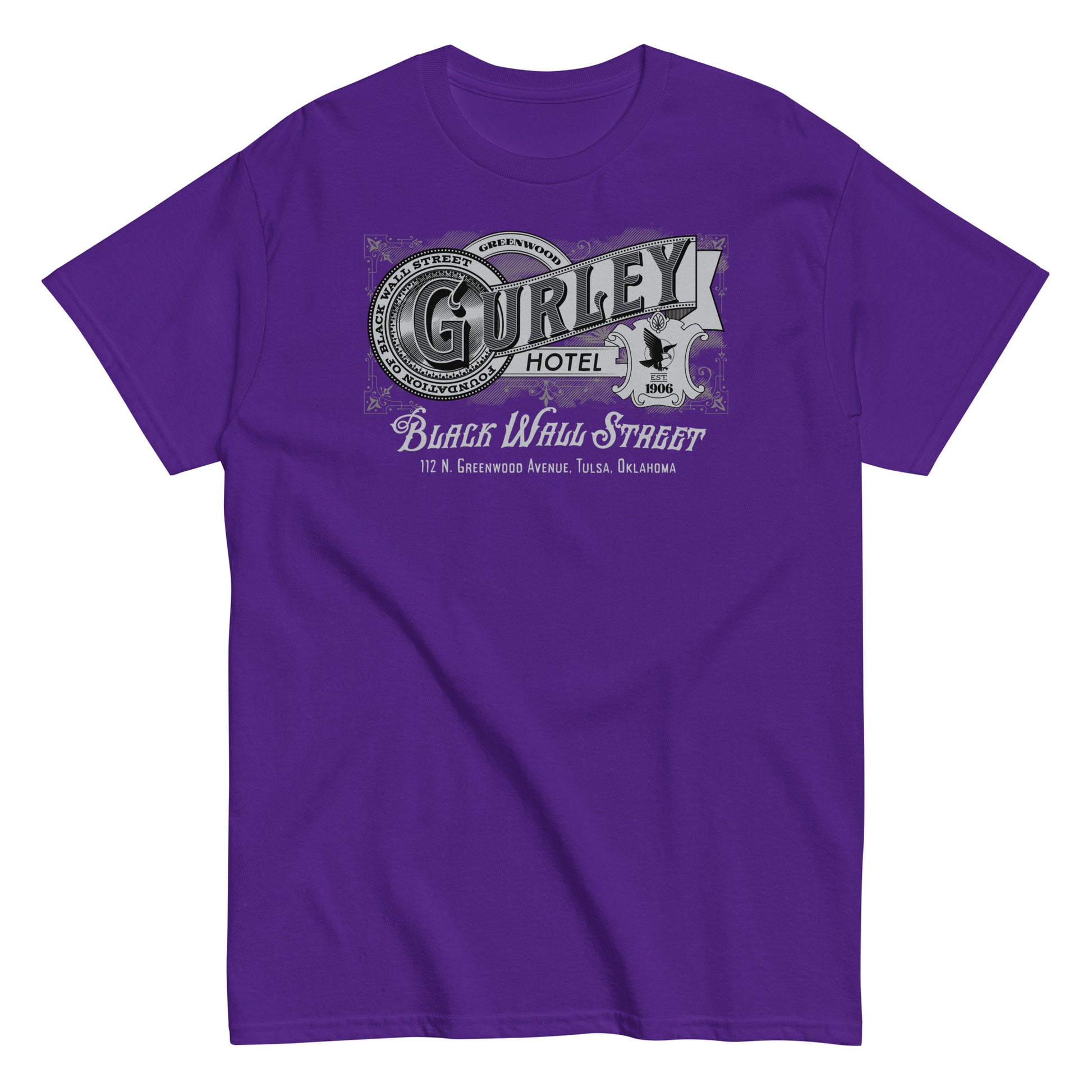 Vintage Gurley Hotel unisex T-shirt with Black Wall Street design in purple