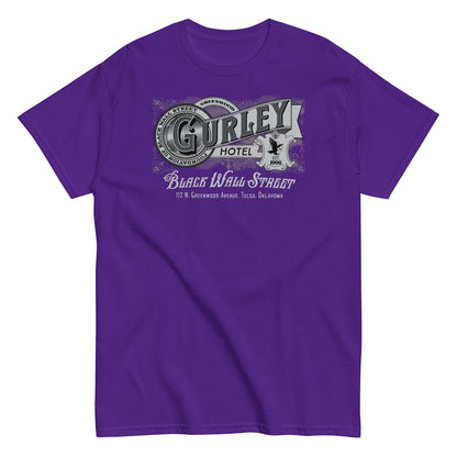 Vintage Gurley Hotel unisex T-shirt with Black Wall Street design in purple