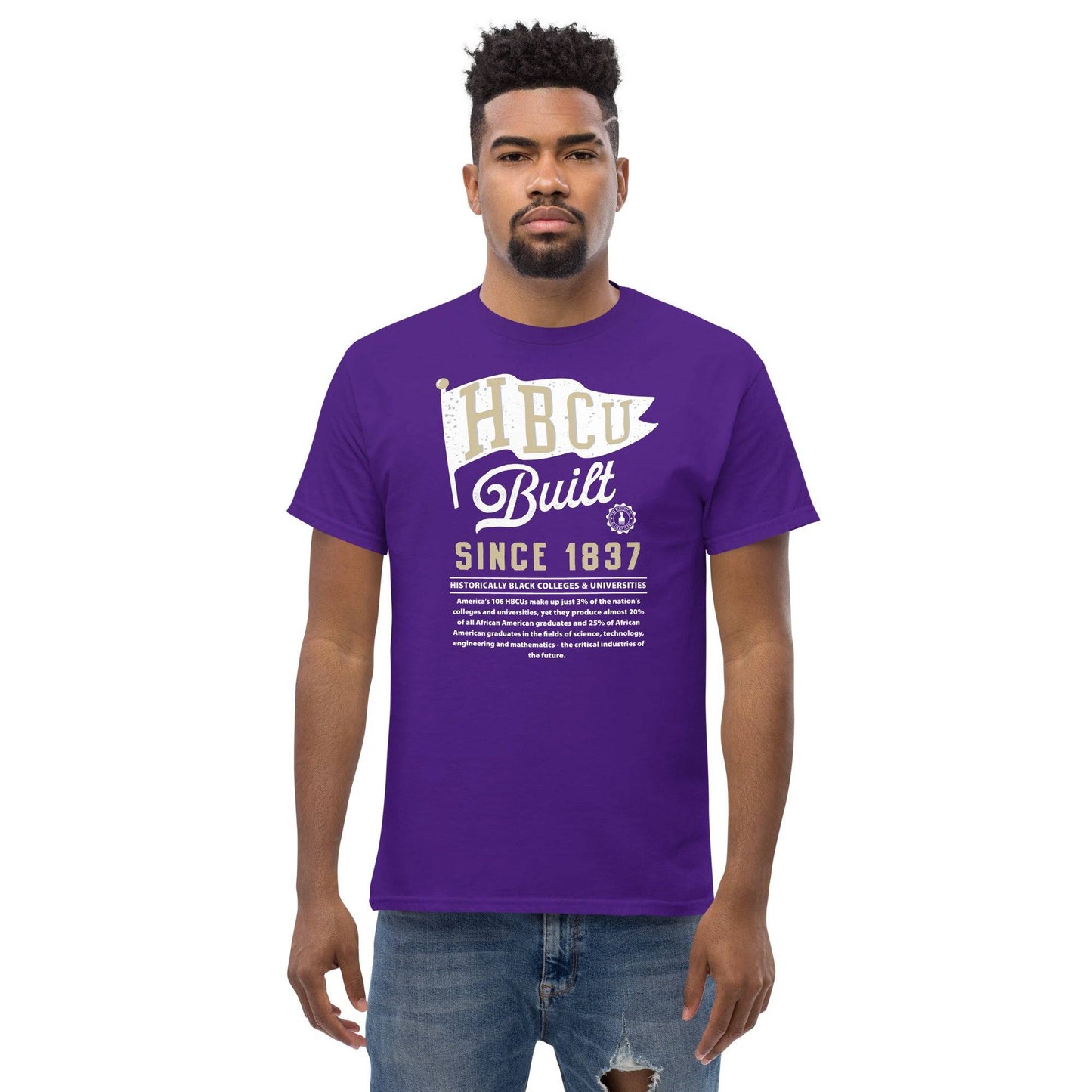 HBCU Built graphic T-shirt in purple worn by male model