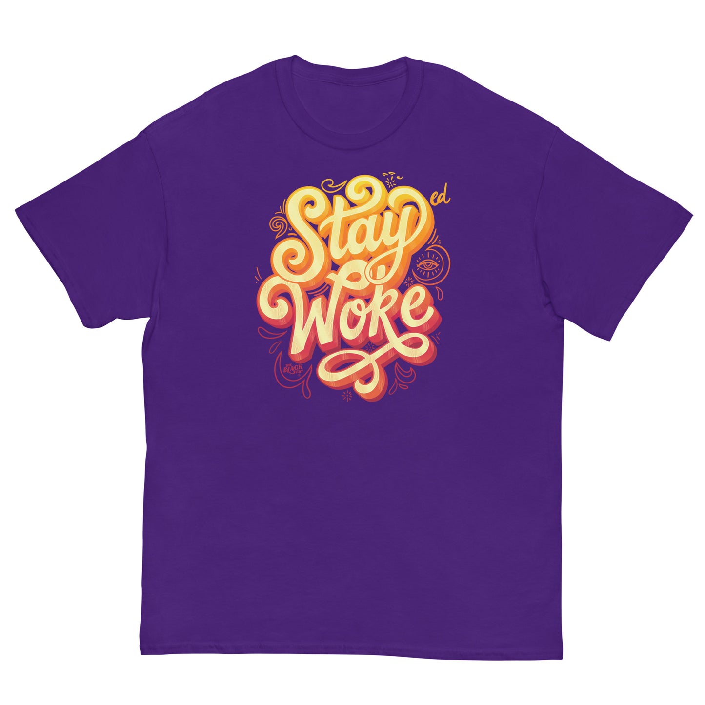 purple 'Stay Woke' graphic in yellow and orange t-shirt 