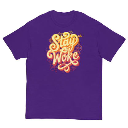 purple 'Stay Woke' graphic in yellow and orange t-shirt 