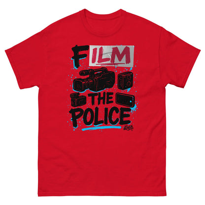 Red Film The Police Staple T-shirt by TheBlackest Co. featuring bold protest graphic with video cameras and activist message in black and blue.
