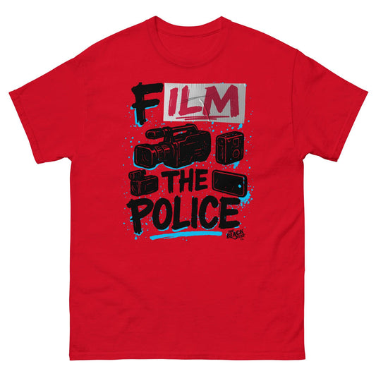 Red Film The Police Staple T-shirt by TheBlackest Co. featuring bold protest graphic with video cameras and activist message in black and blue.