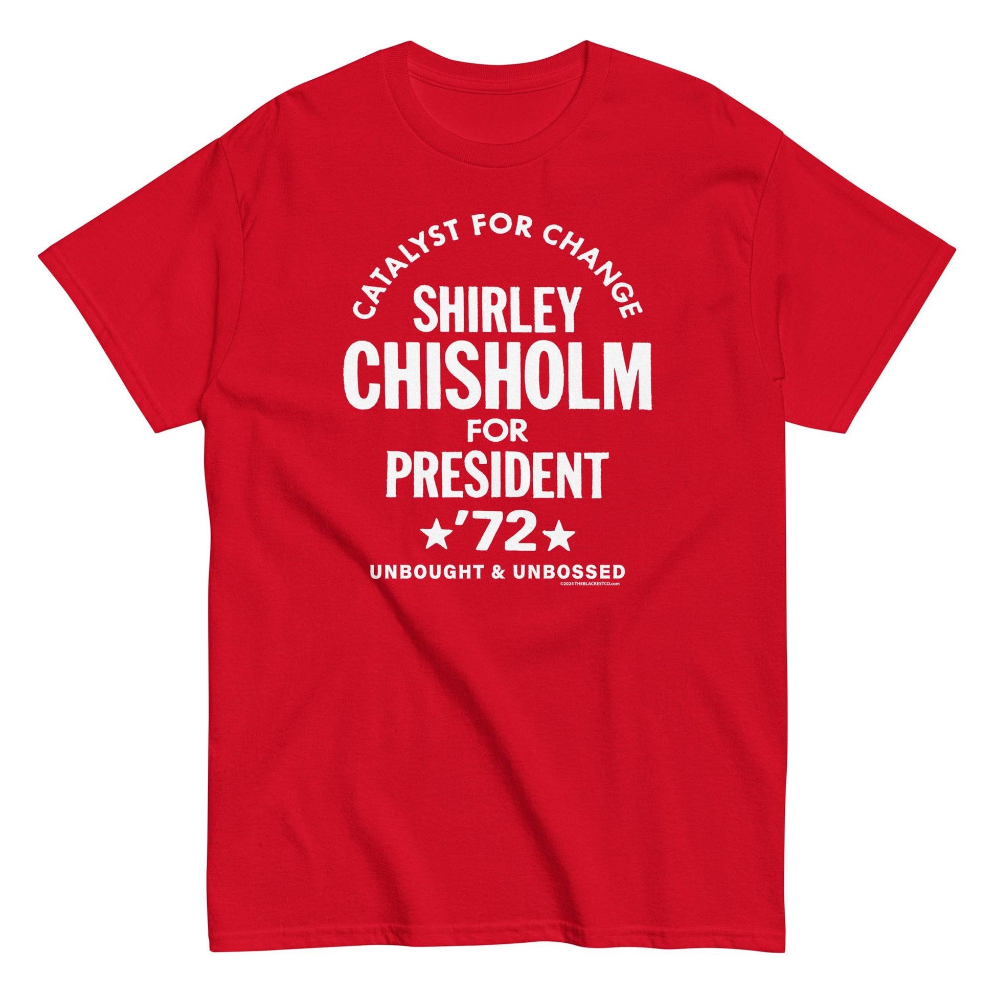 Close-up of red Shirley Chisholm for President 72 t-shirt with white graphic design