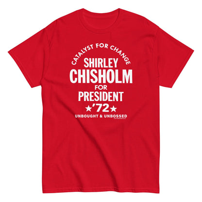 Close-up of red Shirley Chisholm for President 72 t-shirt with white graphic design