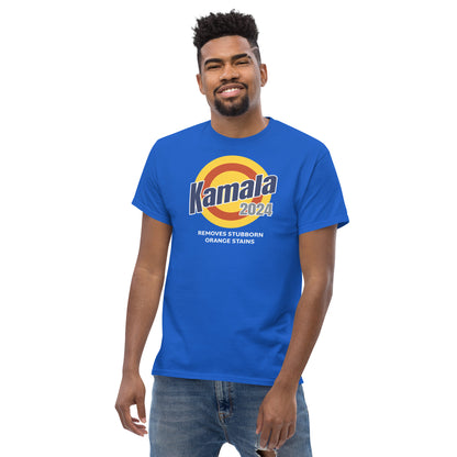 Royal blue unisex classic tee, soft cotton, size medium, front view, kamala removes stubborn orange stains design