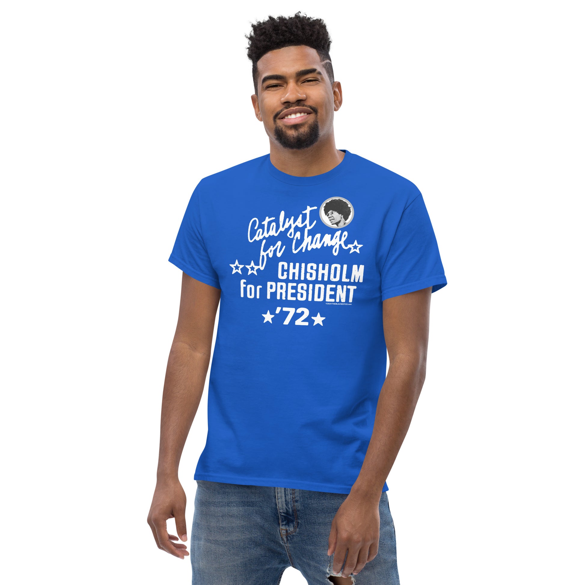 Man wearing blue Shirley Chisholm 1972 campaign t-shirt