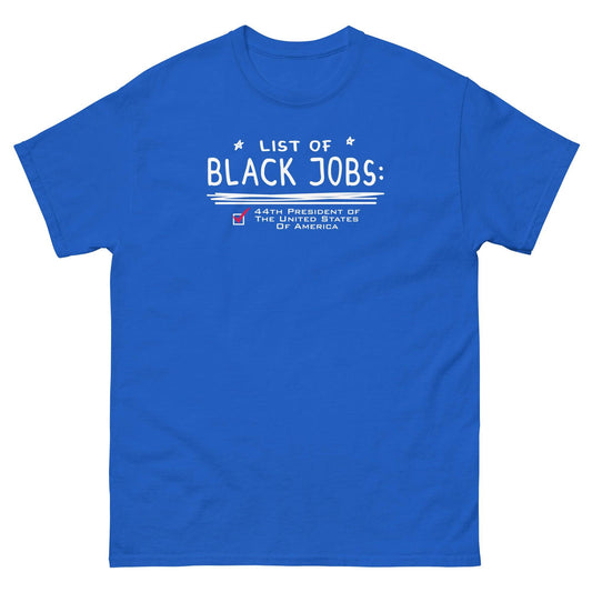 a blue t - shirt that says list of black jobs