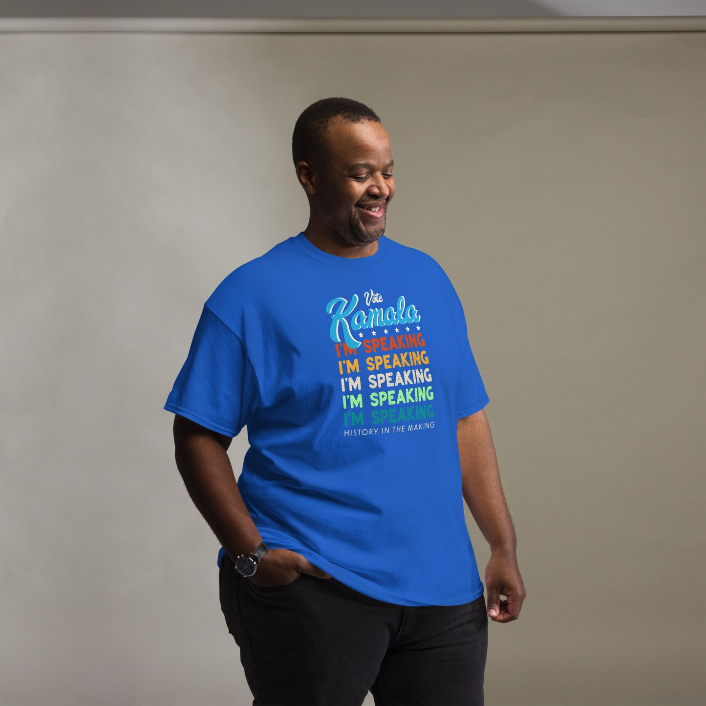 Man in blue Kamala I'm Speaking Harris 2024 T-Shirt