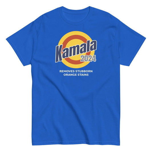 Unisex classic royal blue tee with short sleeves, comfortable fit, kamala removes stubborn orange stains design