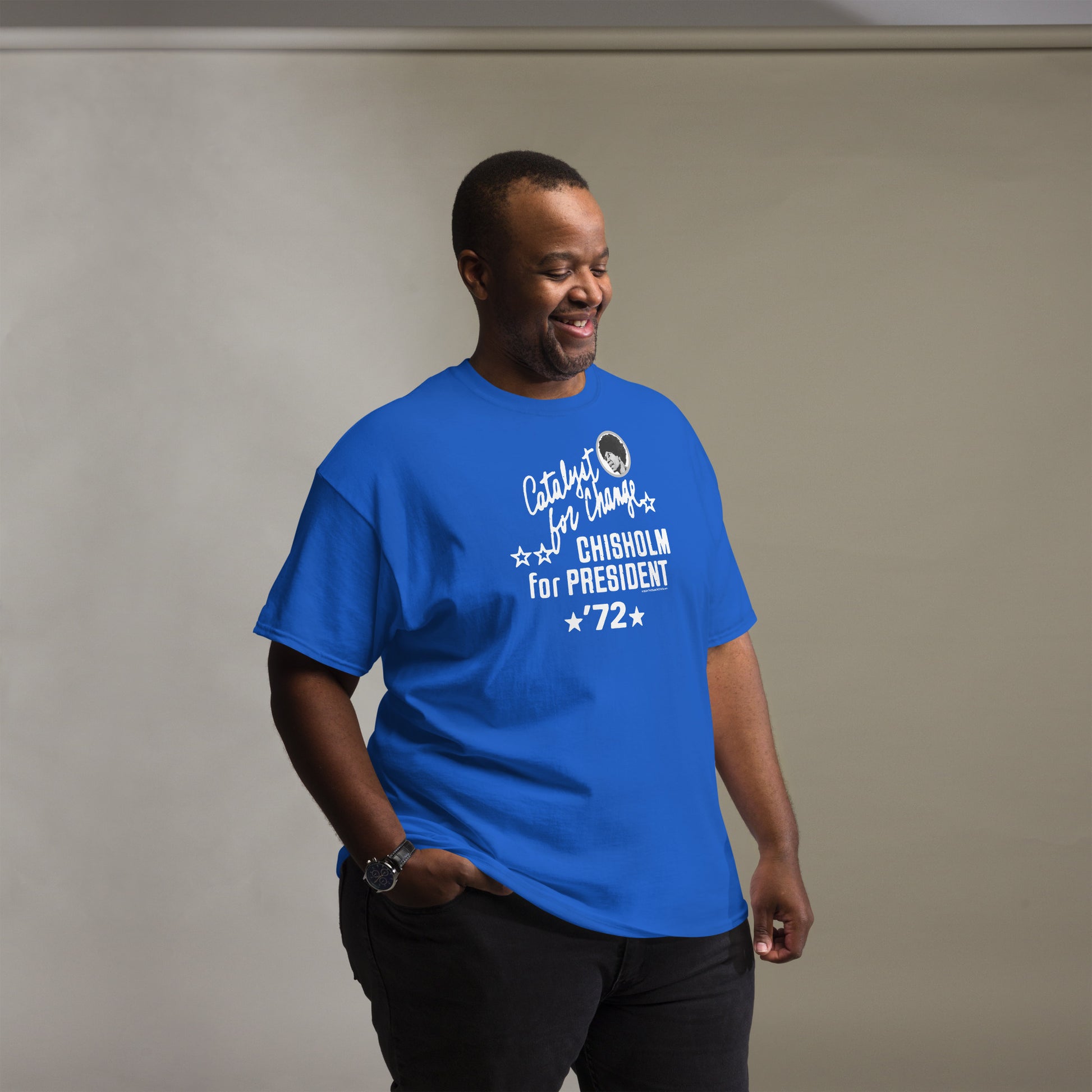 Smiling man in blue Shirley Chisholm 1972 campaign t-shirt