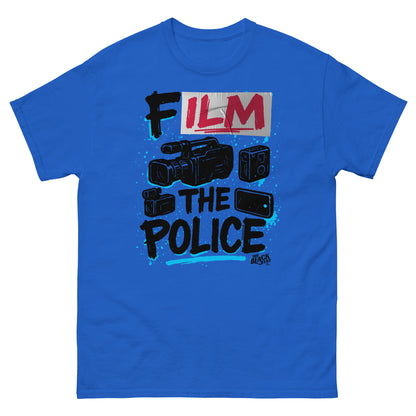 Blue Film The Police Staple T-shirt by TheBlackest Co. with protest-themed camera graphic and bold lettering for streetwear appeal.