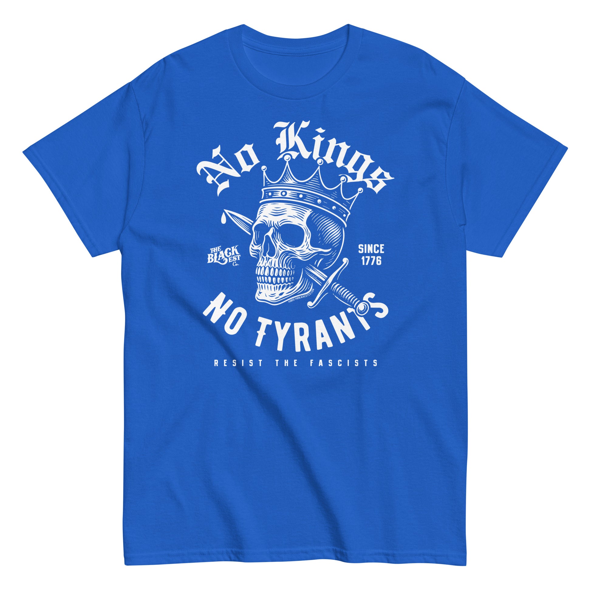 Royal blue No Kings No Tyrants Skull Protest T-Shirt by TheBlackest Co. featuring white skull and crown graphic, rebellion-themed cotton tee.