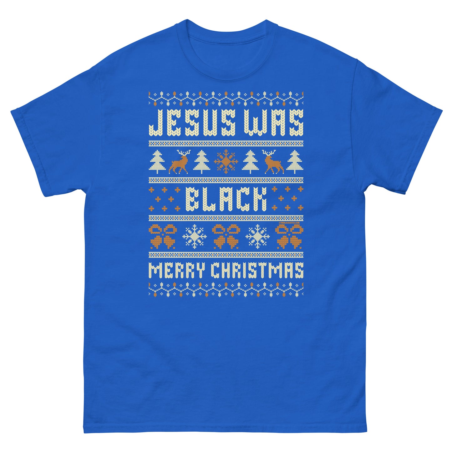 Royal blue Jesus Was Black Merry Christmas Unisex T-Shirt by TheBlackest Co., with colorful holiday-themed print and humorous message.