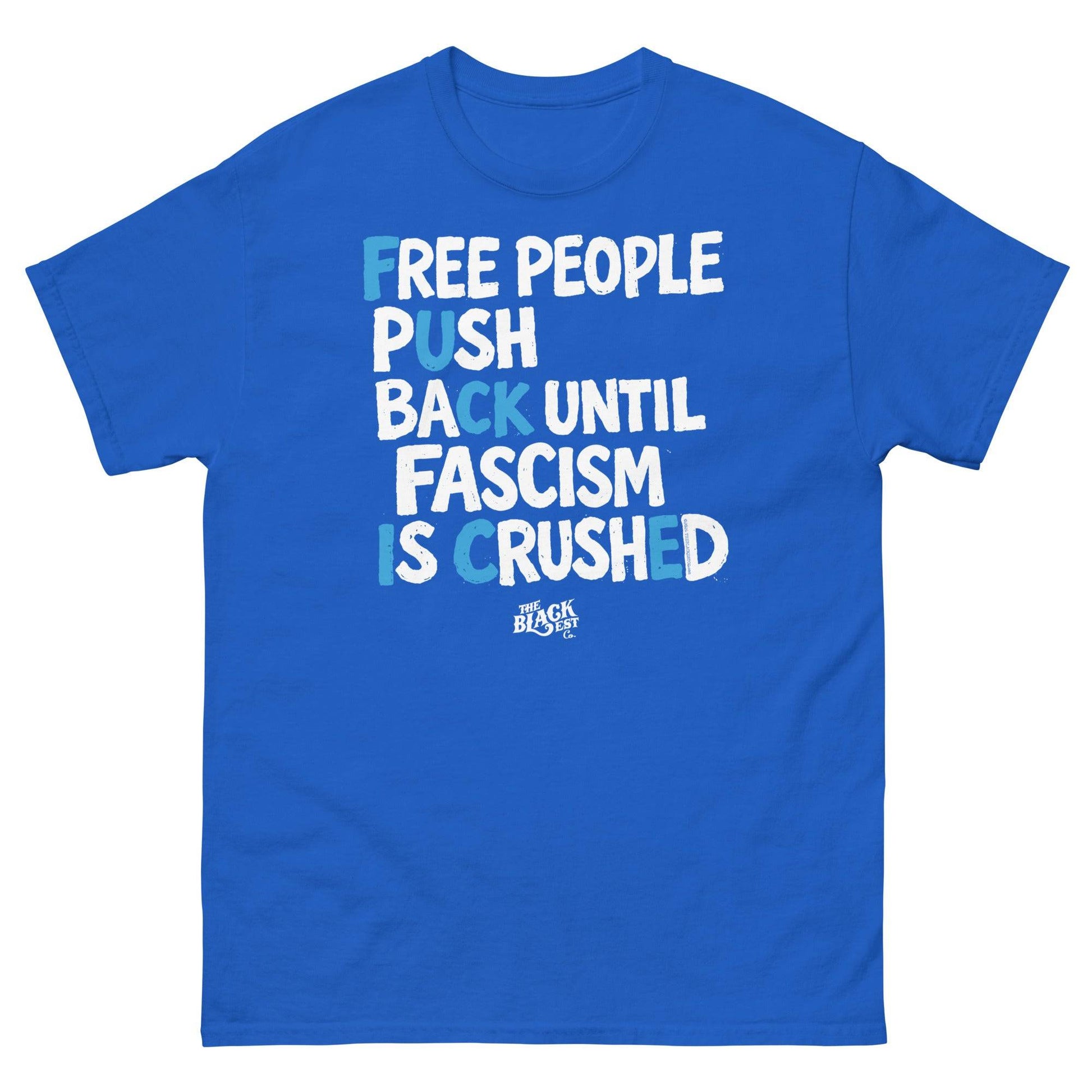 Blue protest t-shirt with white and blue text supporting immigration justice