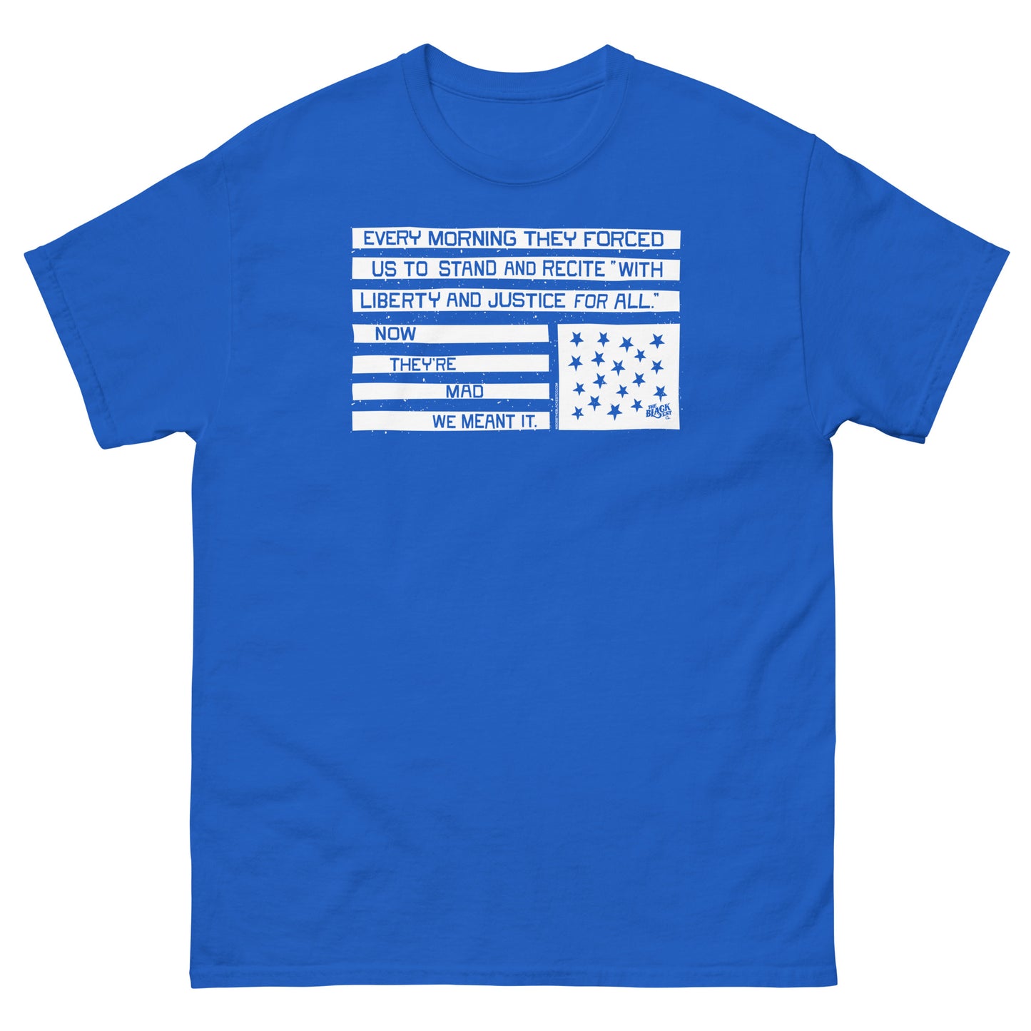Blue unisex graphic T-shirt with liberty and justice protest design