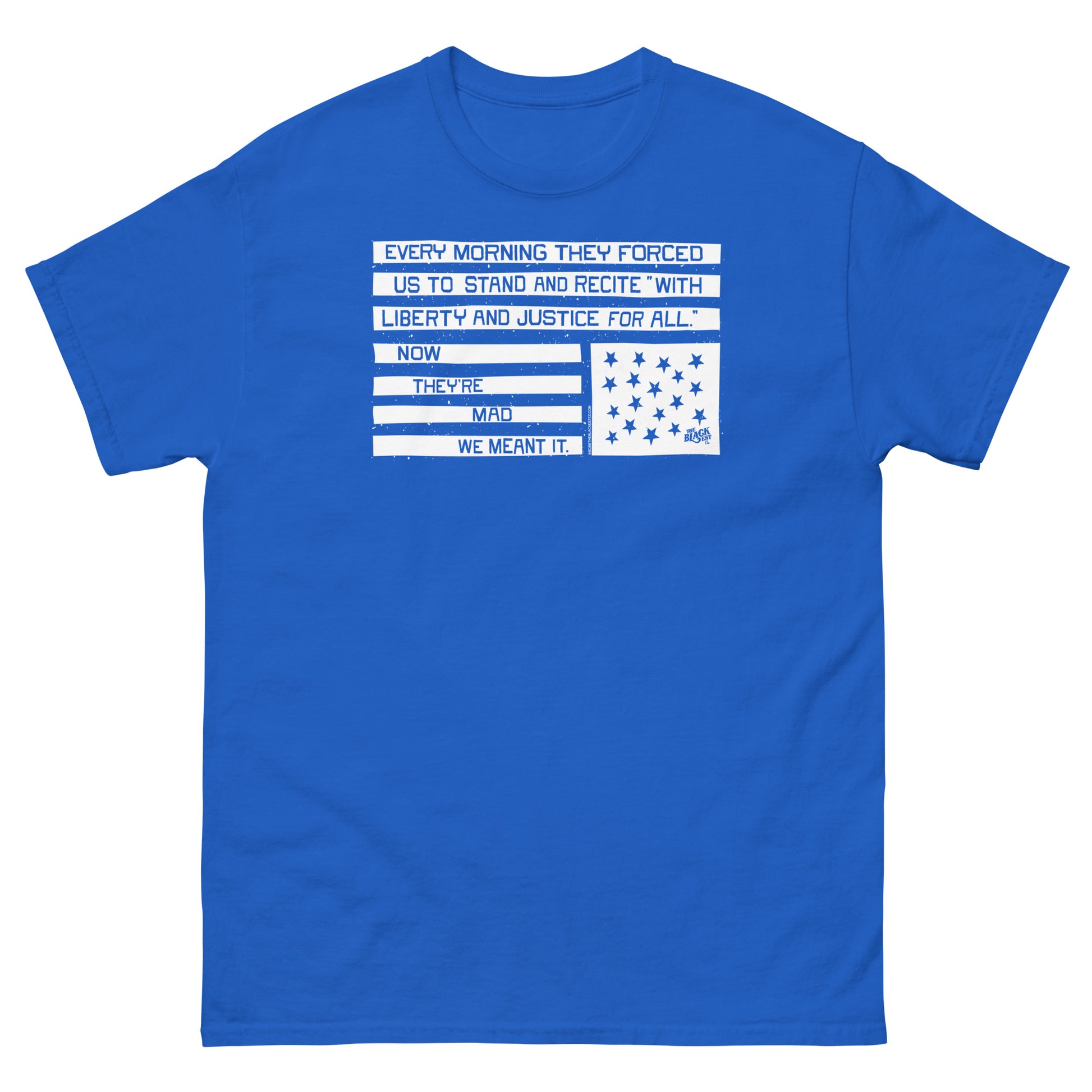 Blue unisex graphic T-shirt with liberty and justice protest design