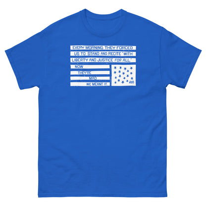 Blue unisex graphic T-shirt with liberty and justice protest design