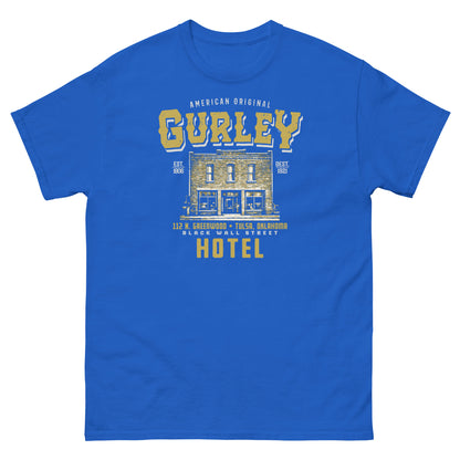 Blue Gurley American Original T-shirt with historic Greenwood Hotel graphic