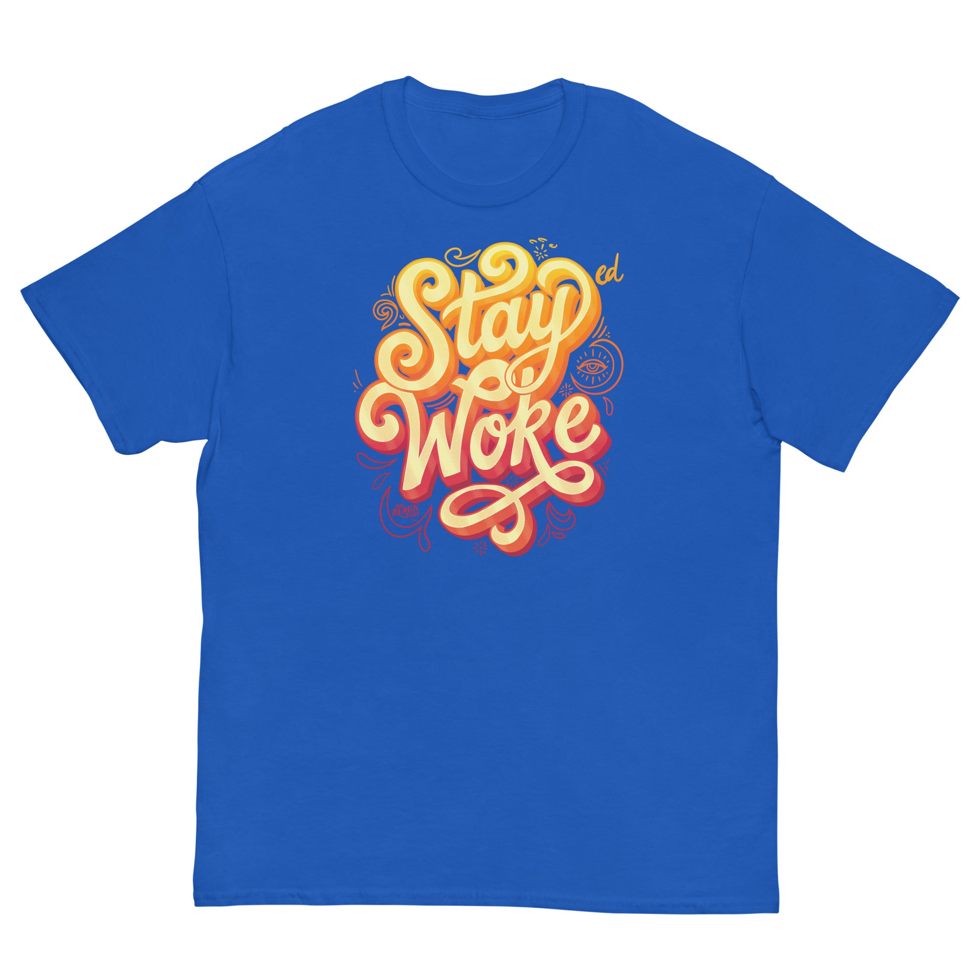 Blue T-Shirt with Stay Woke graphic in yellow and orange