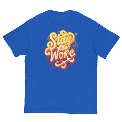 Blue T-Shirt with Stay Woke graphic in yellow and orange