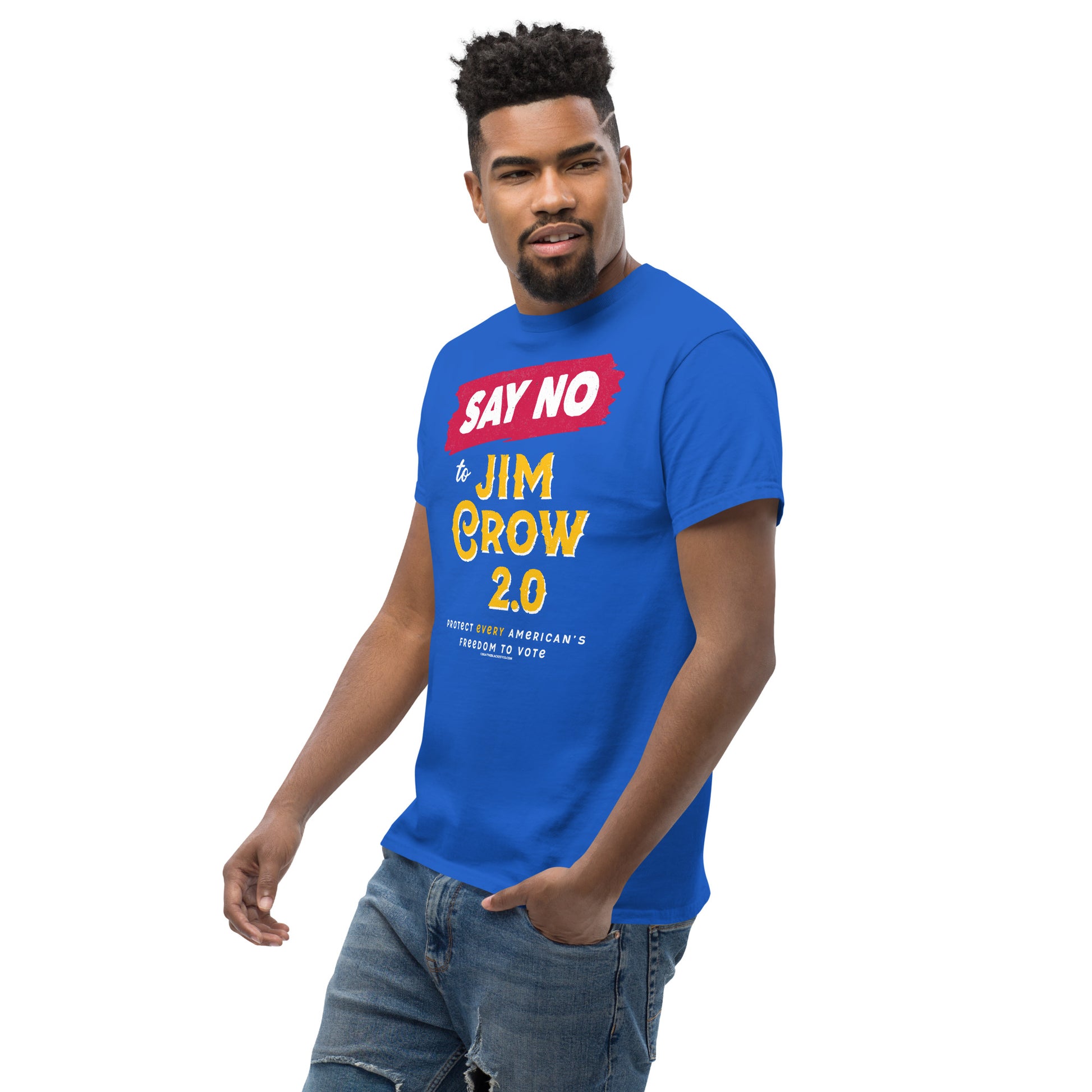 Man modeling blue Say No To Jim Crow 2.0 T-Shirt