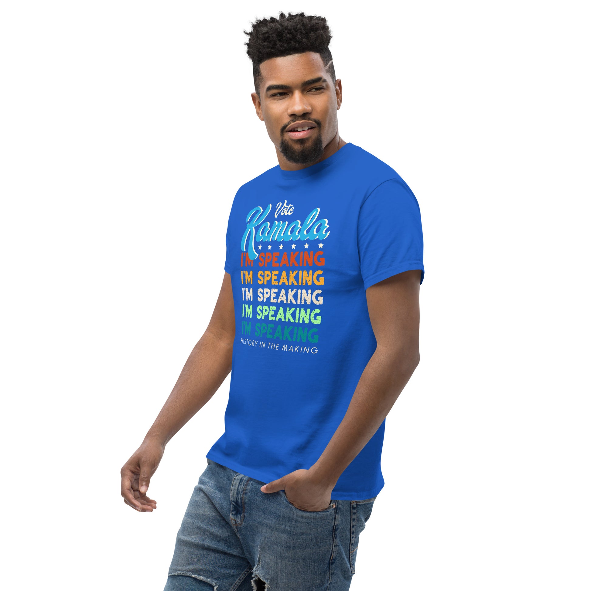 Man modeling blue Kamala I'm Speaking Harris 2024 T-Shirt