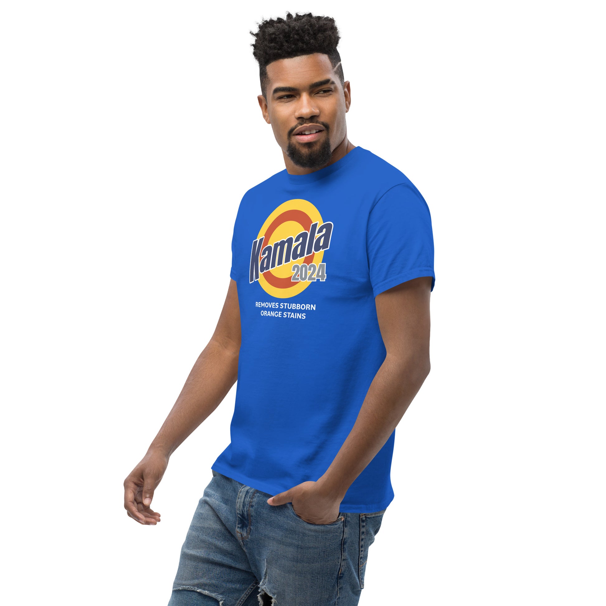 Unisex classic royal blue tee with kamala removes stubborn orange stains design, size M.