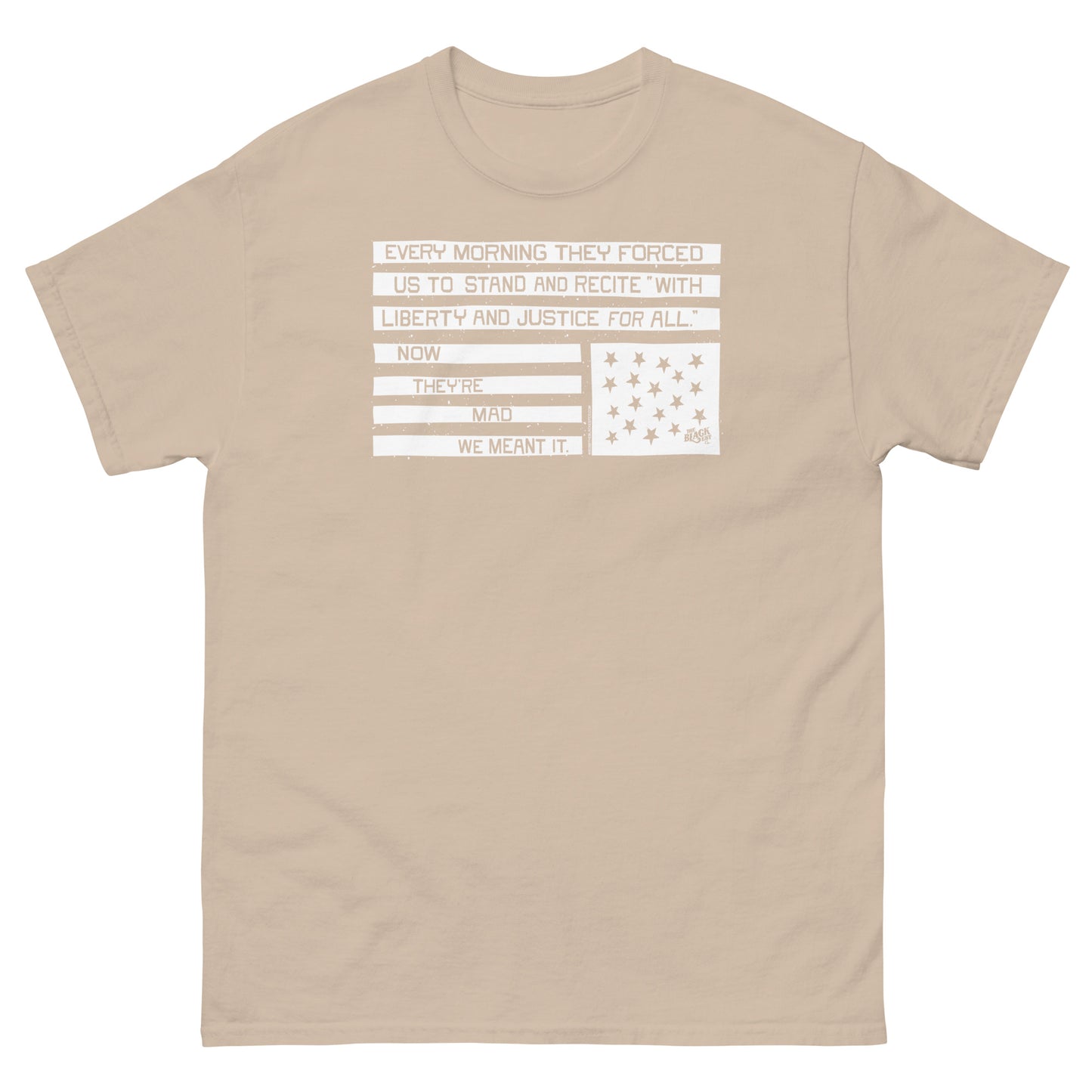 Black unisex graphic T-shirt with liberty and justice protest design