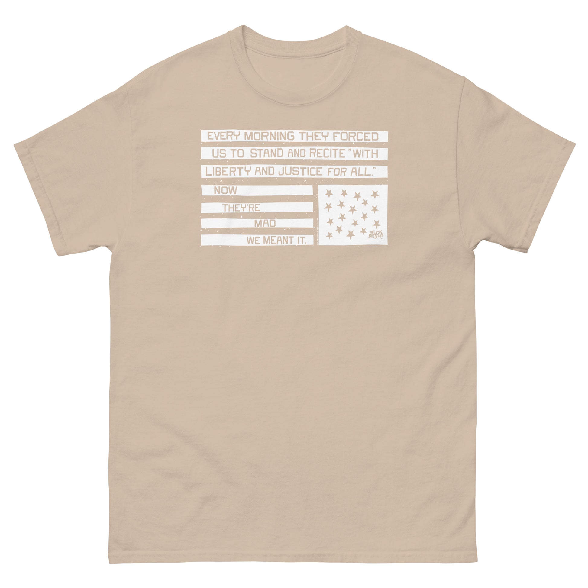 Black unisex graphic T-shirt with liberty and justice protest design