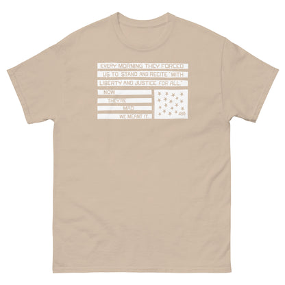 Black unisex graphic T-shirt with liberty and justice protest design