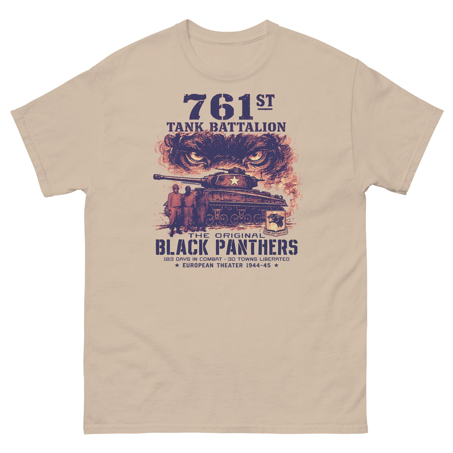 sand colored T-shirt with Black Panthers WWII graphic design and text
