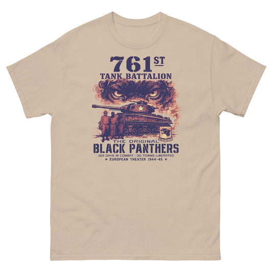 sand colored T-shirt with Black Panthers WWII graphic design and text
