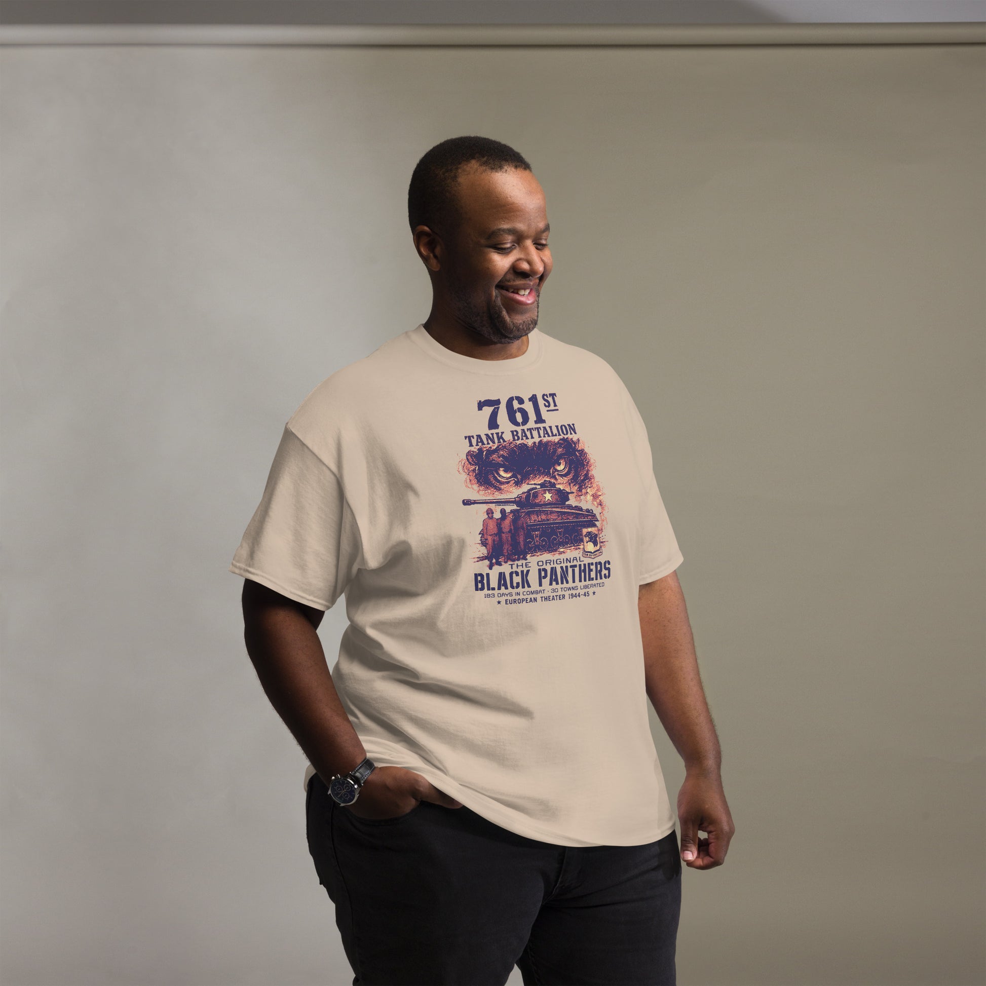 Man wearing 761st Tank Battalion Black Panthers WWII graphic t-shirt