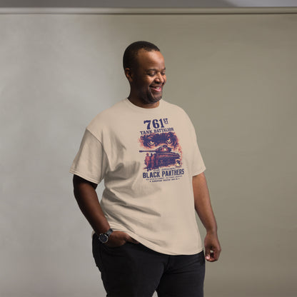 Man wearing 761st Tank Battalion Black Panthers WWII graphic t-shirt
