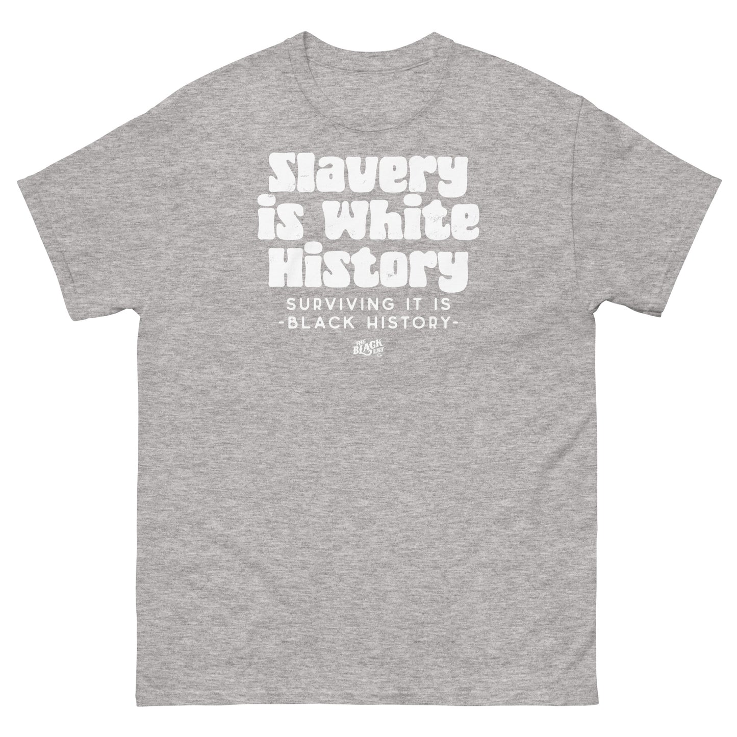 ALLY VERSION Slavery Is White History T-Shirt by TheBlackest Co. in gray, featuring bold white text reading 'Slavery is White History, Surviving it is Black History.'