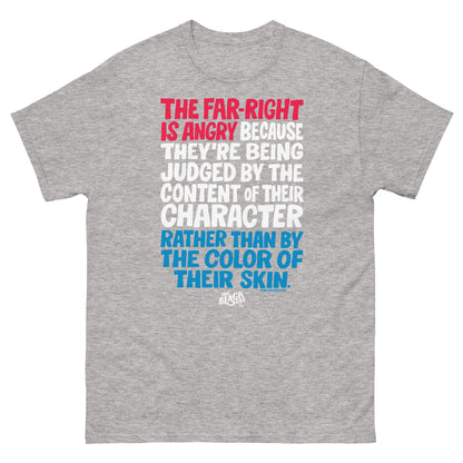 Heather gray Why The Far Right Is Angry RWB T-Shirt by TheBlackest Co. with bold red, white, and blue quote. Political streetwear tee.