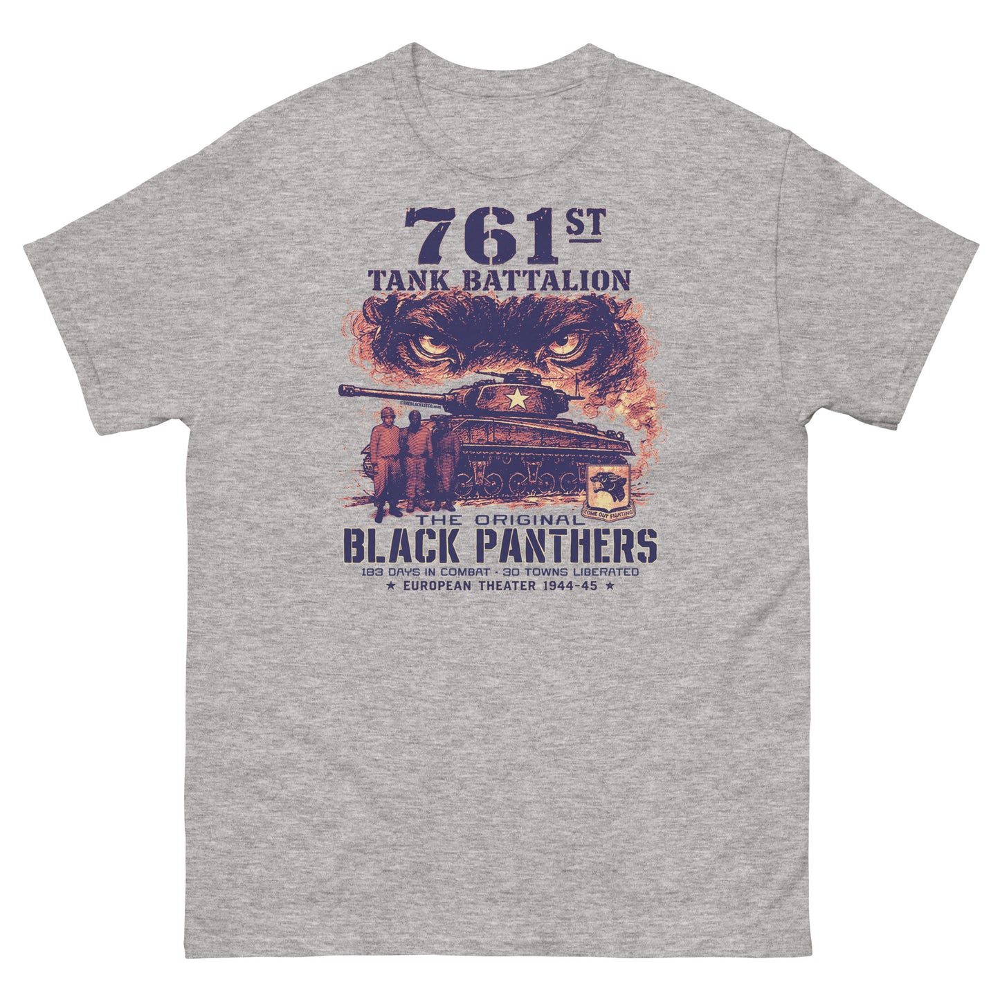light grey T-shirt with Black Panthers WWII graphic design