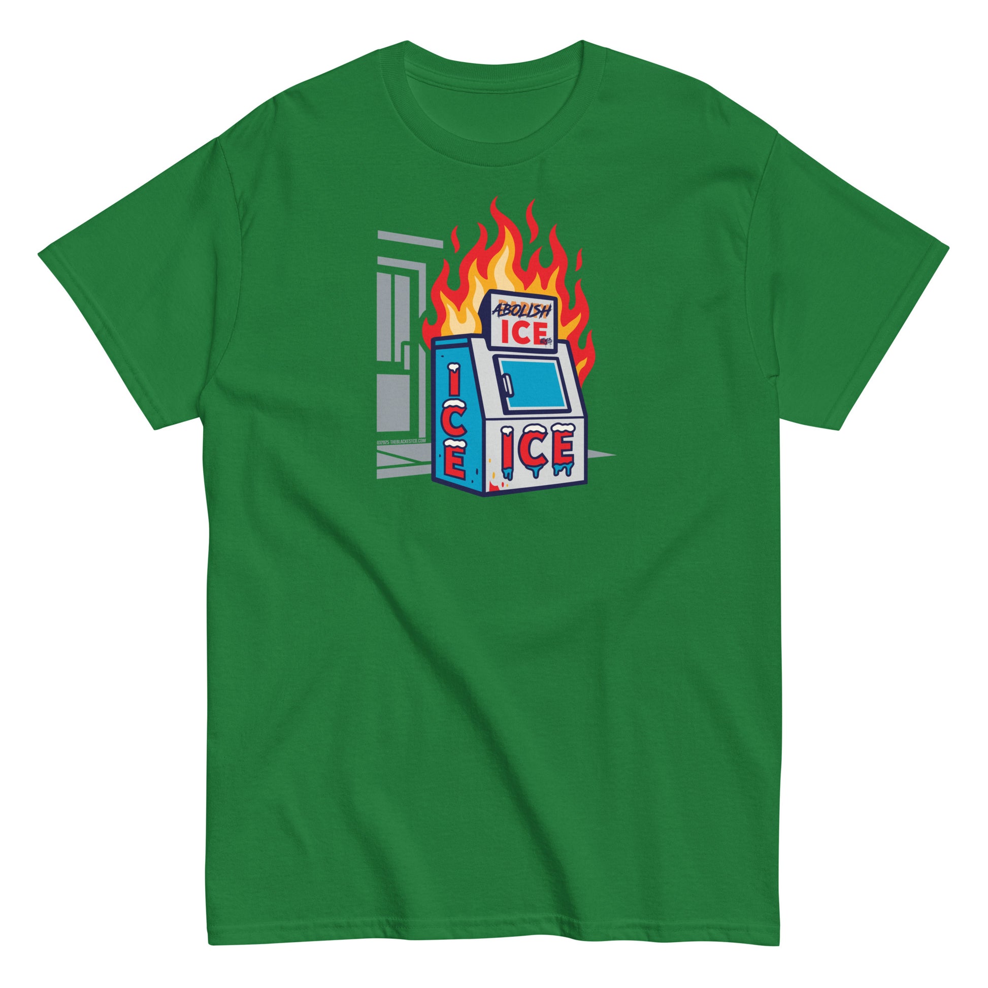 Green Abolish ICE Statement Staple Unisex T-Shirt by TheBlackest Co., showcasing a fiery ice machine graphic for equality and justice.