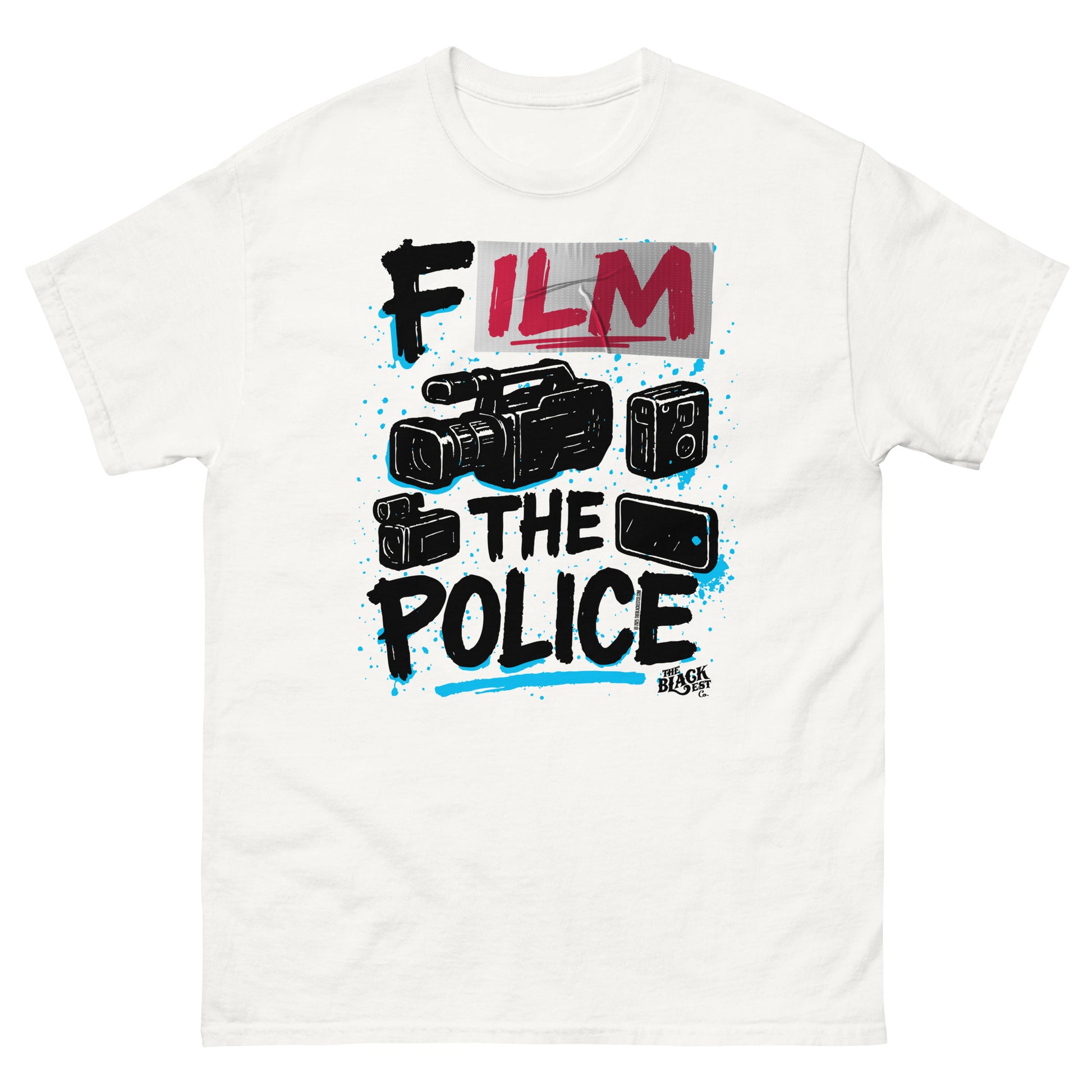 White Film The Police Staple T-shirt by TheBlackest Co. with bold protest slogan and camera graphics for cultural and activist expression.