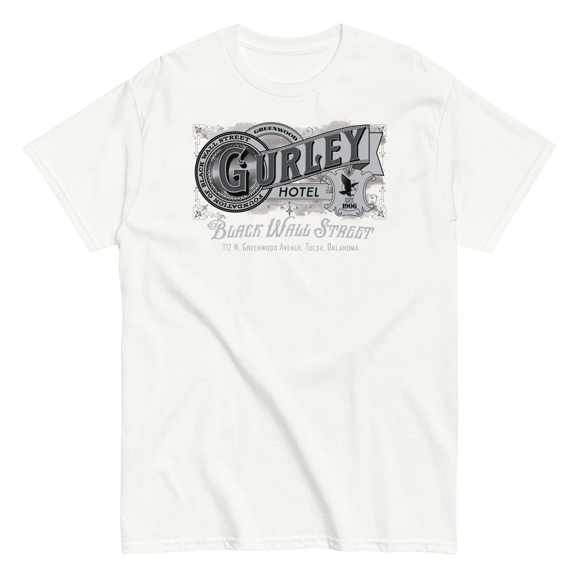 White vintage Gurley Hotel unisex T-shirt with Black Wall Street graphic design
