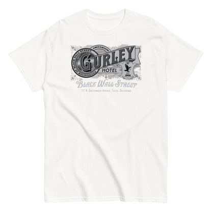 White vintage Gurley Hotel unisex T-shirt with Black Wall Street graphic design