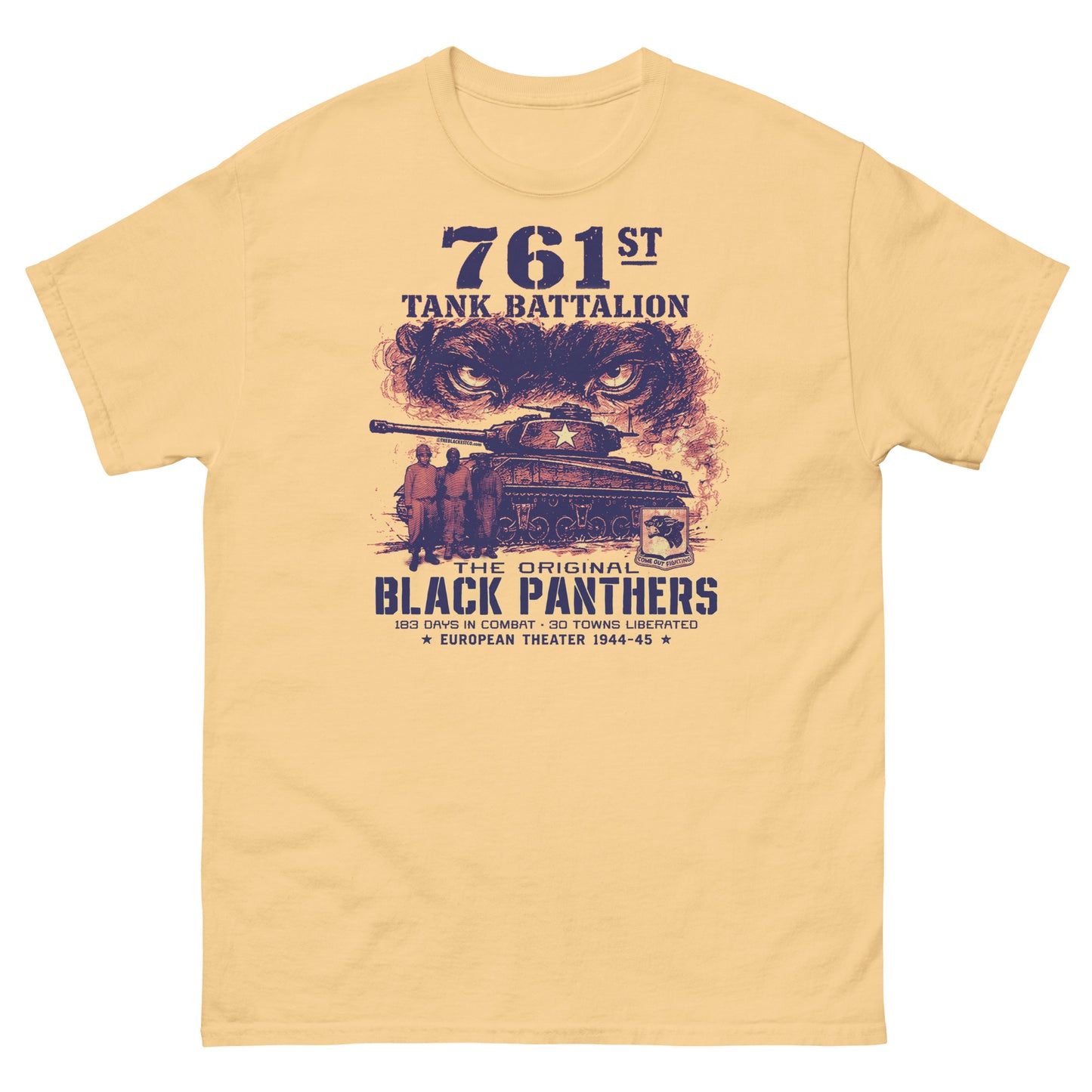 butter yellow Black Panthers WWII tank graphic tee celebrating Black soldiers