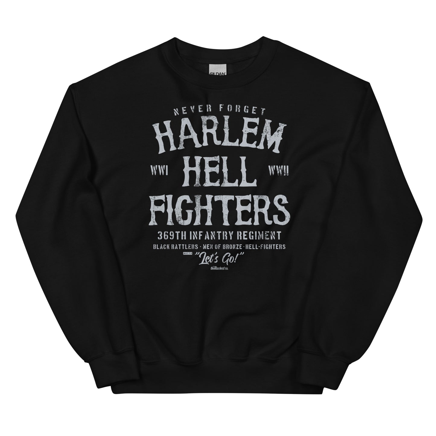 black sweatshirt with white text reading harlem hellfighters