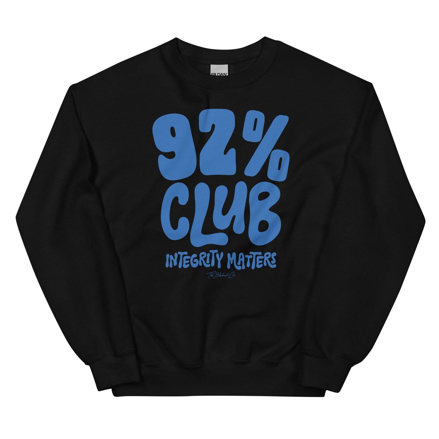 Black 92% Club Integrity Matters Sweatshirt by TheBlackest Co. featuring bold blue text, perfect for casual wear and cold weather.