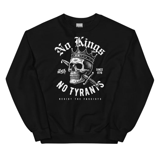 Black No Kings No Tyrants Skull Protest Sweatshirt by TheBlackest Co. featuring bold skull and sword graphic with anti-tyranny message.