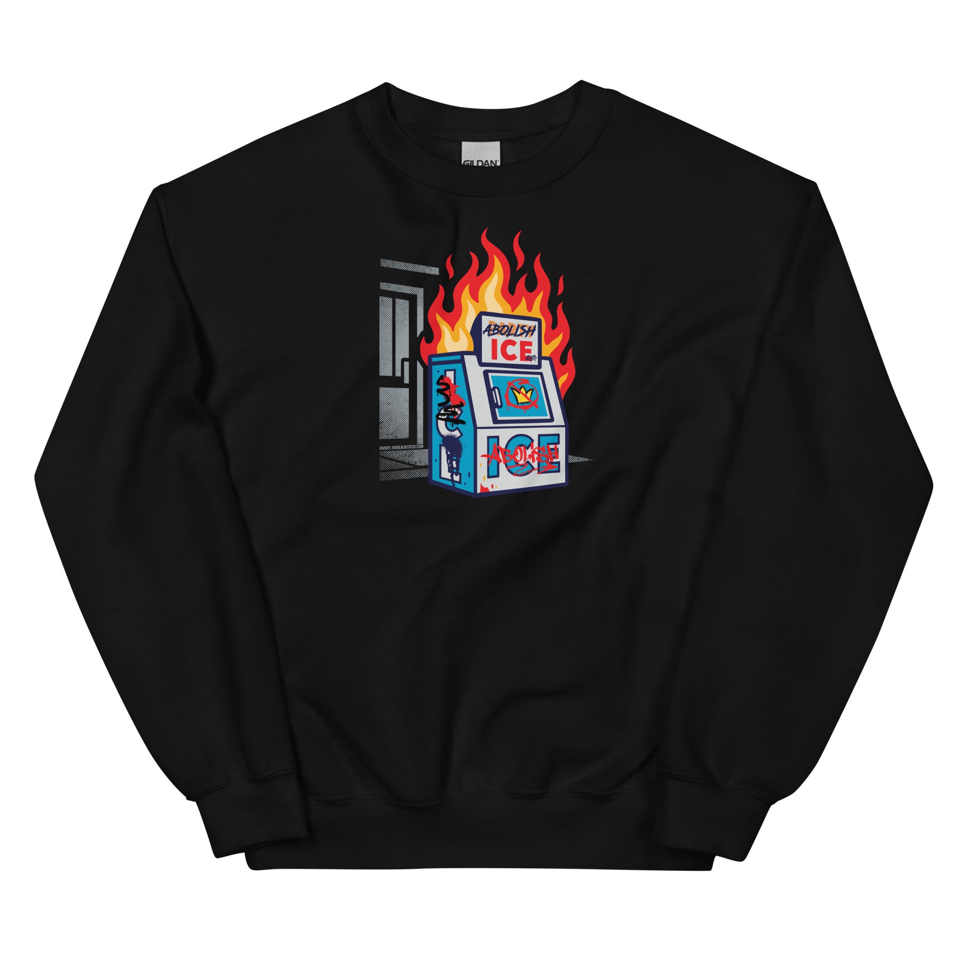 Black Abolish Ice Protest Crewneck Sweatshirt with bold graphic of ICE machine on fire. Unisex fit, political streetwear for cold weather.